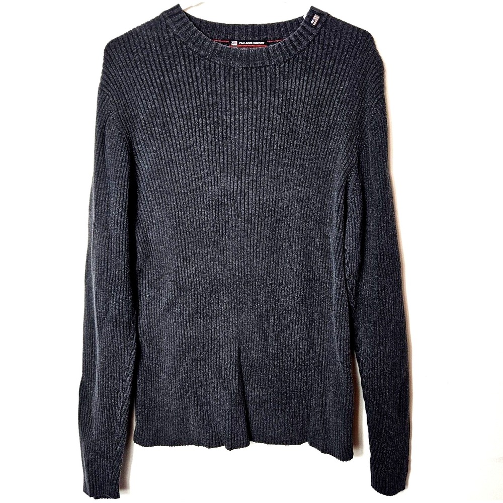 Polo Ralph Lauren Gray Ribbed Cotton Crewneck Sweater L Academia 90s Preppy Gorp